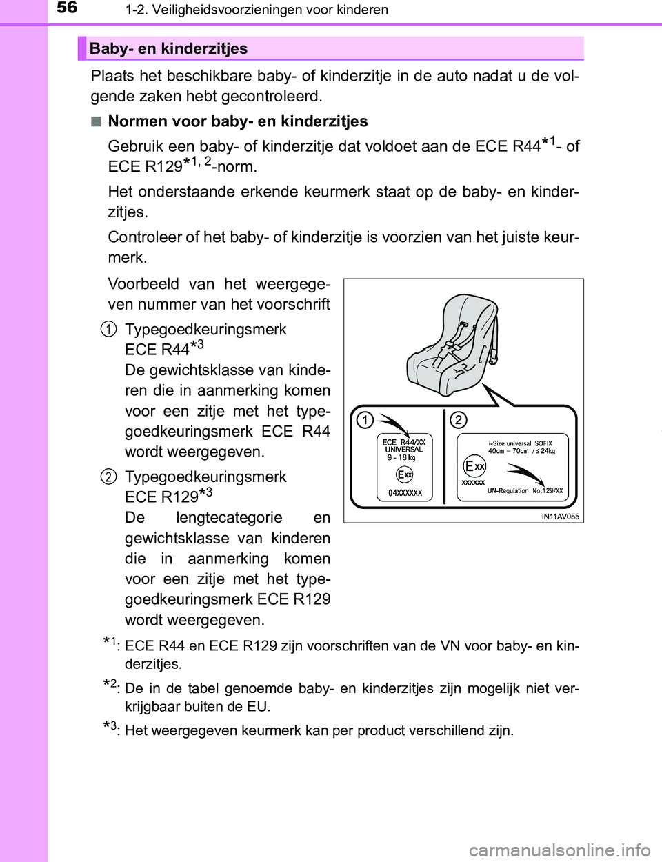 TOYOTA PRIUS PLUG-IN HYBRID 2017  Instructieboekje (in Dutch) 561-2. Veiligheidsvoorzieningen voor kinderen
PRIUS PHV_OM_OM47A89E_(EE)
Plaats het beschikbare baby- of kinderzitje in de auto nadat u de vol-
gende zaken hebt gecontroleerd.
■Normen voor baby- en 