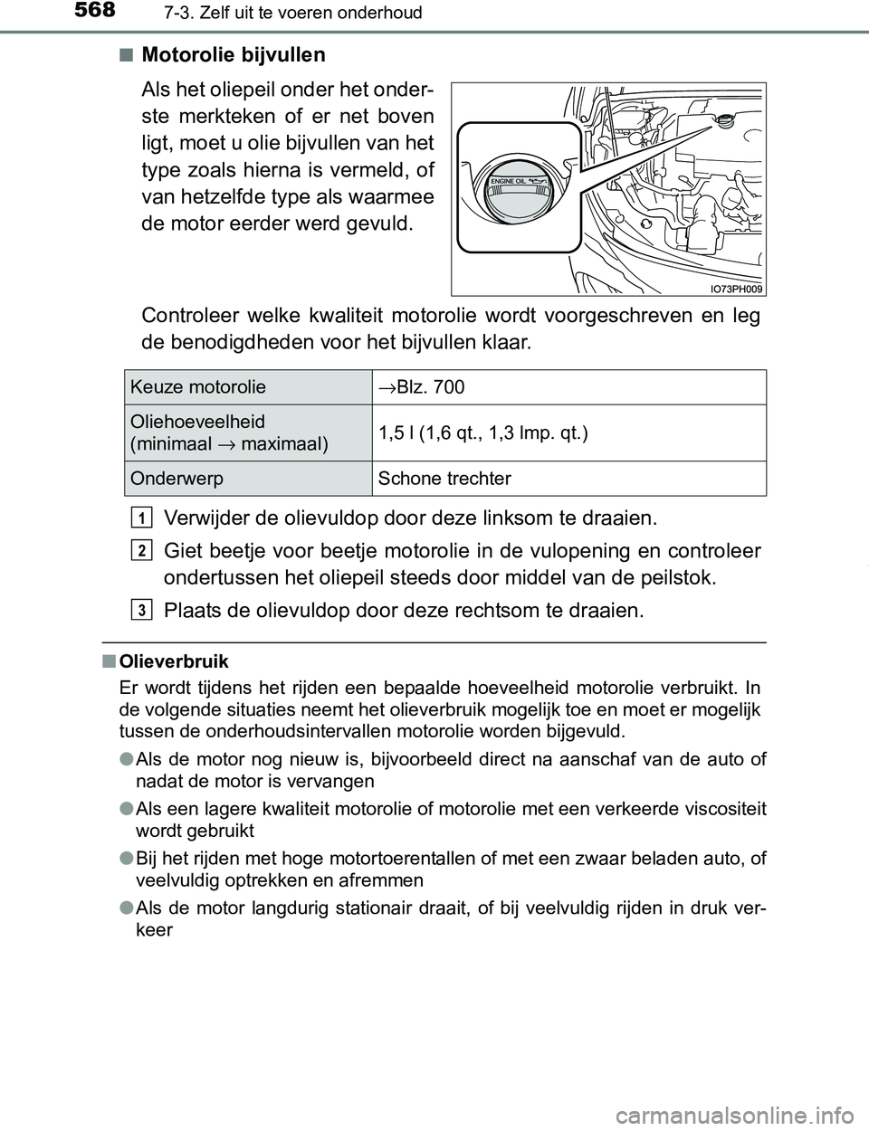 TOYOTA PRIUS PLUG-IN HYBRID 2017 Instructieboekje (in Dutch) 5687-3. Zelf uit te voeren onderhoud
PRIUS PHV_OM_OM47A89E_(EE)■
Motorolie bijvullen
Als het oliepeil onder het onder-
ste merkteken of er net boven
ligt, moet u olie bijvullen van het
type zo TOYOTA PRIUS PLUG-IN HYBRID 2017 Instructieboekje (in Dutch) 5687-3. Zelf uit te voeren onderhoud
PRIUS PHV_OM_OM47A89E_(EE)■
Motorolie bijvullen
Als het oliepeil onder het onder-
ste merkteken of er net boven
ligt, moet u olie bijvullen van het
type zo