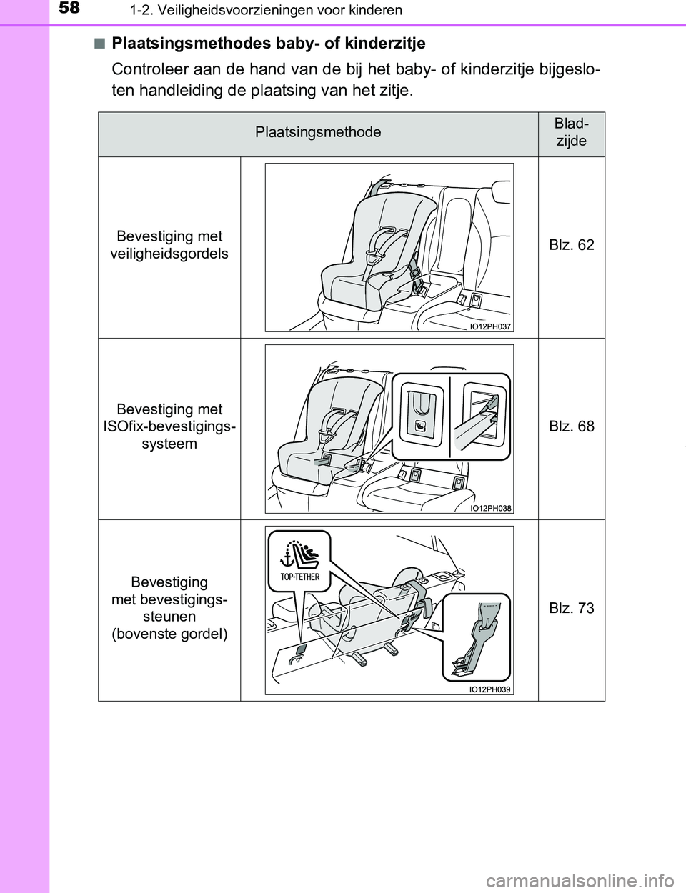 TOYOTA PRIUS PLUG-IN HYBRID 2017  Instructieboekje (in Dutch) 581-2. Veiligheidsvoorzieningen voor kinderen
PRIUS PHV_OM_OM47A89E_(EE)■
Plaatsingsmethodes baby- of kinderzitje
Controleer aan de hand van de bij het baby- of kinderzitje bijgeslo-
ten handleiding