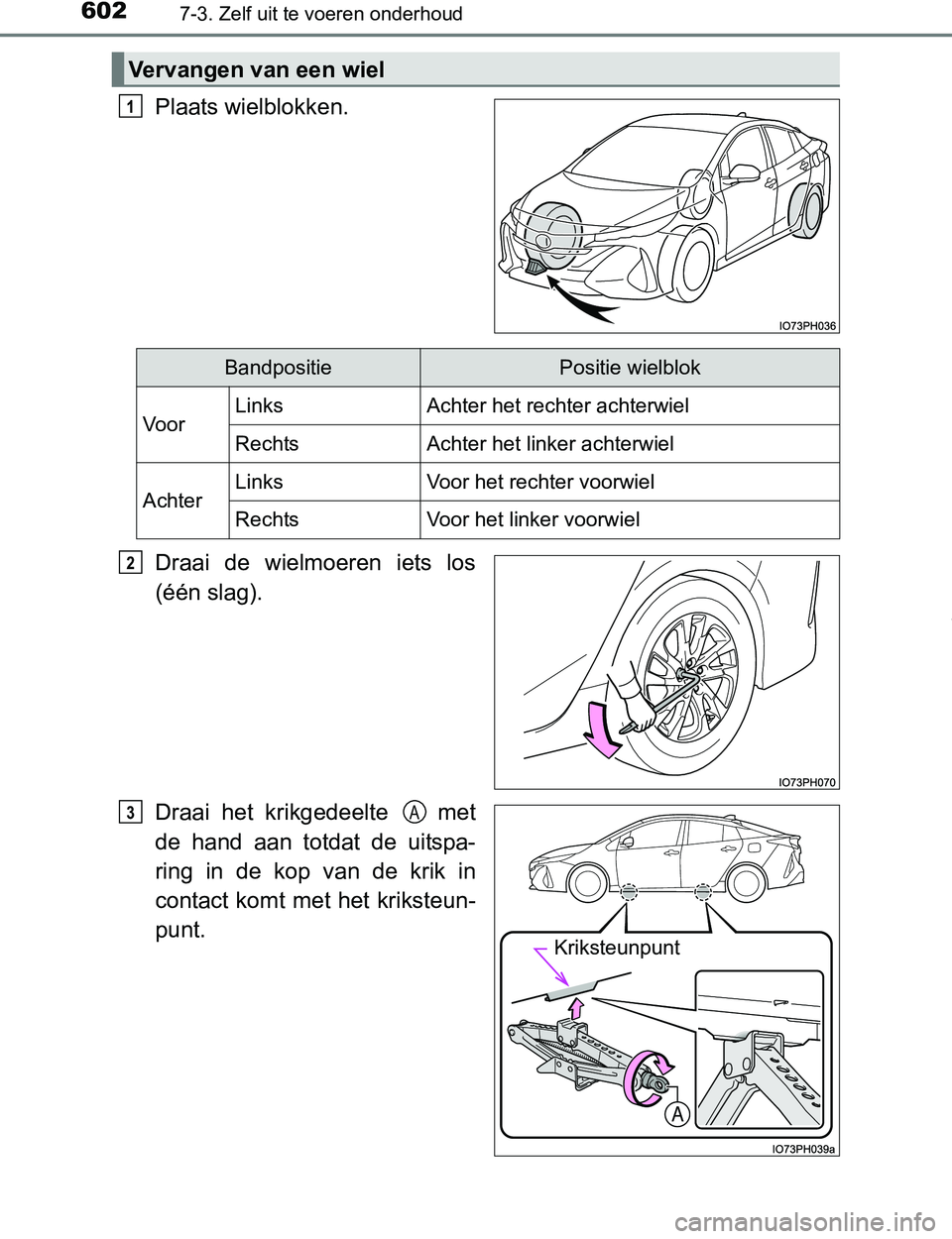 TOYOTA PRIUS PLUG-IN HYBRID 2017  Instructieboekje (in Dutch) 6027-3. Zelf uit te voeren onderhoud
PRIUS PHV_OM_OM47A89E_(EE)
Plaats wielblokken.
Draai  de  wielmoeren  iets  los
(één slag).
Draai  het  krikgedeelte    met
de  hand  aan  totdat  de  uitspa-
ri