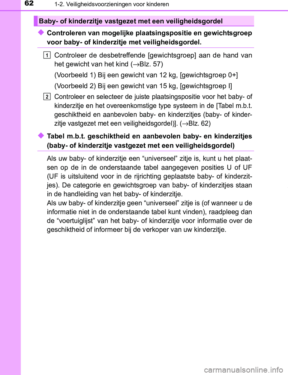 TOYOTA PRIUS PLUG-IN HYBRID 2017 Instructieboekje (in Dutch) 621-2. Veiligheidsvoorzieningen voor kinderen
PRIUS PHV_OM_OM47A89E_(EE)
â—†Controleren van mogelijke plaatsingspositie en gewichtsgroep
voor baby- of kinderzitje met veiligheidsgordel.
Controleer de TOYOTA PRIUS PLUG-IN HYBRID 2017 Instructieboekje (in Dutch) 621-2. Veiligheidsvoorzieningen voor kinderen
PRIUS PHV_OM_OM47A89E_(EE)
â—†Controleren van mogelijke plaatsingspositie en gewichtsgroep
voor baby- of kinderzitje met veiligheidsgordel.
Controleer de