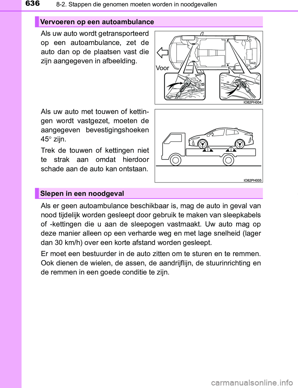 TOYOTA PRIUS PLUG-IN HYBRID 2017  Instructieboekje (in Dutch) 6368-2. Stappen die genomen moeten worden in noodgevallen
PRIUS PHV_OM_OM47A89E_(EE)
Als uw auto wordt getransporteerd
op  een  autoambulance,  zet  de
auto  dan  op  de  plaatsen  vast  die
zijn aang