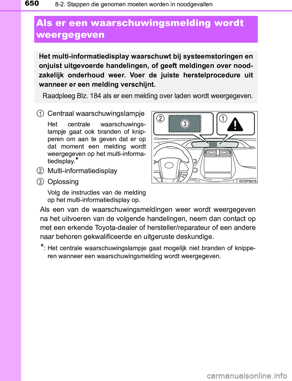TOYOTA PRIUS PLUG-IN HYBRID 2017 Instructieboekje (in Dutch) 6508-2. Stappen die genomen moeten worden in noodgevallen
PRIUS PHV_OM_OM47A89E_(EE)
Als er een waarschuwingsmelding wordt
weergegeven
Centraal waarschuwingslampje
Het centrale waarschuwings-
lampj TOYOTA PRIUS PLUG-IN HYBRID 2017 Instructieboekje (in Dutch) 6508-2. Stappen die genomen moeten worden in noodgevallen
PRIUS PHV_OM_OM47A89E_(EE)
Als er een waarschuwingsmelding wordt
weergegeven
Centraal waarschuwingslampje
Het centrale waarschuwings-
lampj