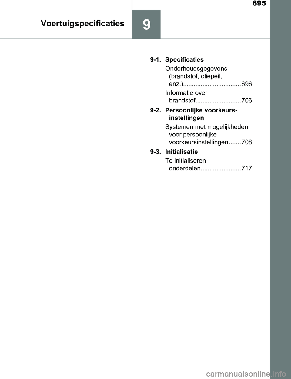 TOYOTA PRIUS PLUG-IN HYBRID 2017 Instructieboekje (in Dutch) 695
9Voertuigspecificaties
PRIUS PHV_OM_OM47A89E_(EE)9-1. Specificaties
Onderhoudsgegevens
(brandstof, oliepeil,
enz.)................................. 696
Informatie over
brandstof................ TOYOTA PRIUS PLUG-IN HYBRID 2017 Instructieboekje (in Dutch) 695
9Voertuigspecificaties
PRIUS PHV_OM_OM47A89E_(EE)9-1. Specificaties
Onderhoudsgegevens
(brandstof, oliepeil,
enz.)................................. 696
Informatie over
brandstof................