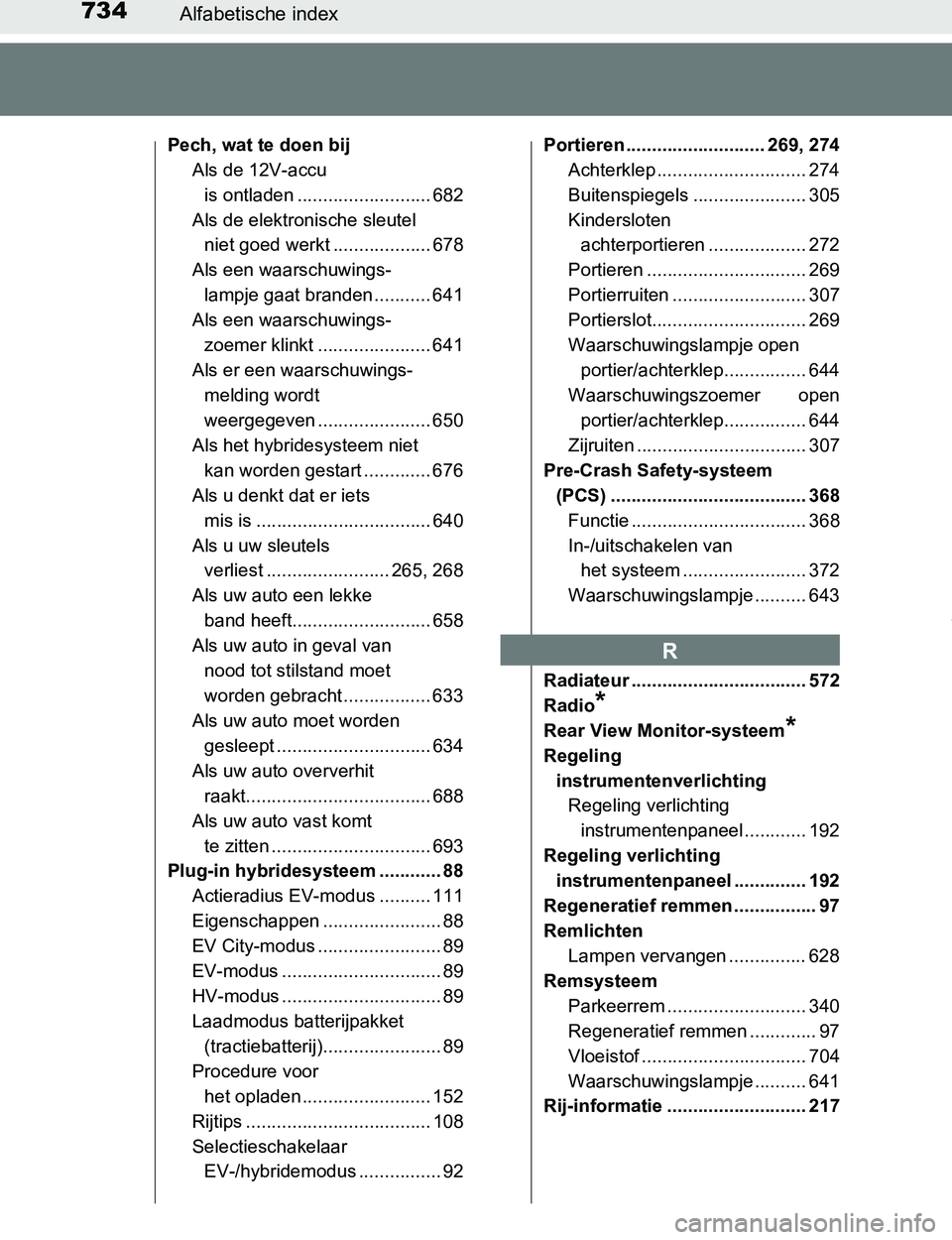 TOYOTA PRIUS PLUG-IN HYBRID 2017 Instructieboekje (in Dutch) 734Alfabetische index
PRIUS PHV_OM_OM47A89E_(EE)
Pech, wat te doen bij
Als de 12V-accu
is ontladen .......................... 682
Als de elektronische sleutel
niet goed werkt ................... 678 TOYOTA PRIUS PLUG-IN HYBRID 2017 Instructieboekje (in Dutch) 734Alfabetische index
PRIUS PHV_OM_OM47A89E_(EE)
Pech, wat te doen bij
Als de 12V-accu
is ontladen .......................... 682
Als de elektronische sleutel
niet goed werkt ................... 678