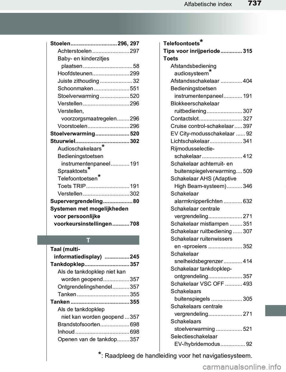 TOYOTA PRIUS PLUG-IN HYBRID 2017 Instructieboekje (in Dutch) 737Alfabetische index
PRIUS PHV_OM_OM47A89E_(EE)
Stoelen .............................. 296, 297
Achterstoelen ........................ 297
Baby- en kinderzitjes
plaatsen ............................ TOYOTA PRIUS PLUG-IN HYBRID 2017 Instructieboekje (in Dutch) 737Alfabetische index
PRIUS PHV_OM_OM47A89E_(EE)
Stoelen .............................. 296, 297
Achterstoelen ........................ 297
Baby- en kinderzitjes
plaatsen ............................