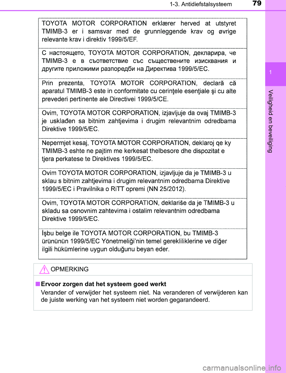 TOYOTA PRIUS PLUG-IN HYBRID 2017  Instructieboekje (in Dutch) 791-3. Antidiefstalsysteem
1
PRIUS PHV_OM_OM47A89E_(EE)
Veiligheid en beveiliging
OPMERKING
■Ervoor zorgen dat het systeem goed werkt
Verander  of  verwijder  het  systeem  niet.  Na  veranderen  of