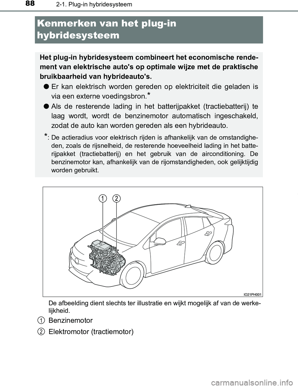 TOYOTA PRIUS PLUG-IN HYBRID 2017  Instructieboekje (in Dutch) 882-1. Plug-in hybridesysteem
PRIUS PHV_OM_OM47A89E_(EE)
Kenmerken van het plug-in 
hybridesysteem
De afbeelding dient slechts ter illustratie en wijkt mogelijk af van de werke-
lijkheid.
Benzinemotor