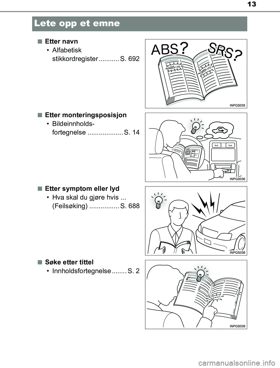 TOYOTA PRIUS PLUG-IN HYBRID 2017 Instruksjoner for bruk (in Norwegian) 13
OM47A89NO
Lete opp et emne
nEtter navn• Alfabetisk stikkordregister ........... S. 692
nEtter monteringsposisjon• Bildeinnholds- fortegnelse ................... S. 14
nEtter symptom eller lyd TOYOTA PRIUS PLUG-IN HYBRID 2017 Instruksjoner for bruk (in Norwegian) 13
OM47A89NO
Lete opp et emne
nEtter navn• Alfabetisk stikkordregister ........... S. 692
nEtter monteringsposisjon• Bildeinnholds- fortegnelse ................... S. 14
nEtter symptom eller lyd