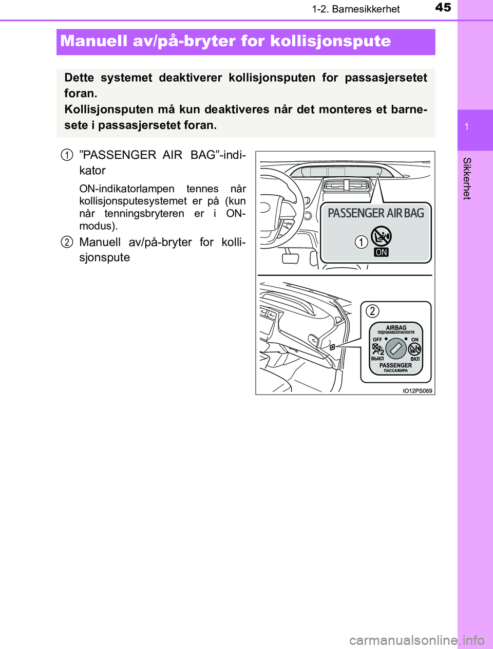 TOYOTA PRIUS PLUG-IN HYBRID 2017 Instruksjoner for bruk (in Norwegian) 451-2. Barnesikkerhet
1
Sikkerhet
OM47A89NO
Manuell av/på-bryter for kollisjonspute
”PASSENGER AIR BAG”-indi-
kator
ON-indikatorlampen tennes når
kollisjonsputesystemet er på (kun
når tenning TOYOTA PRIUS PLUG-IN HYBRID 2017 Instruksjoner for bruk (in Norwegian) 451-2. Barnesikkerhet
1
Sikkerhet
OM47A89NO
Manuell av/på-bryter for kollisjonspute
”PASSENGER AIR BAG”-indi-
kator
ON-indikatorlampen tennes når
kollisjonsputesystemet er på (kun
når tenning