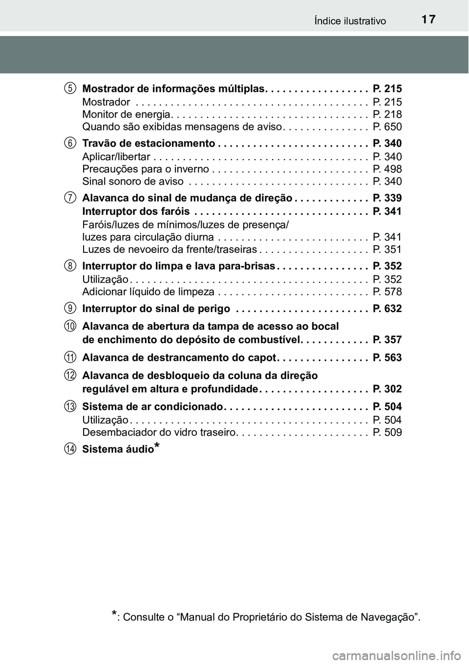 TOYOTA PRIUS PLUG-IN HYBRID 2017  Manual de utilização (in Portuguese) 17Índice ilustrativo
Mostrador de informações múltiplas. . . . . . . . . . . . . . . . . .  P. 215
Mostrador  . . . . . . . . . . . . . . . . . . . . . . . . . . . . . . . . . . . . . . . .  P. 21