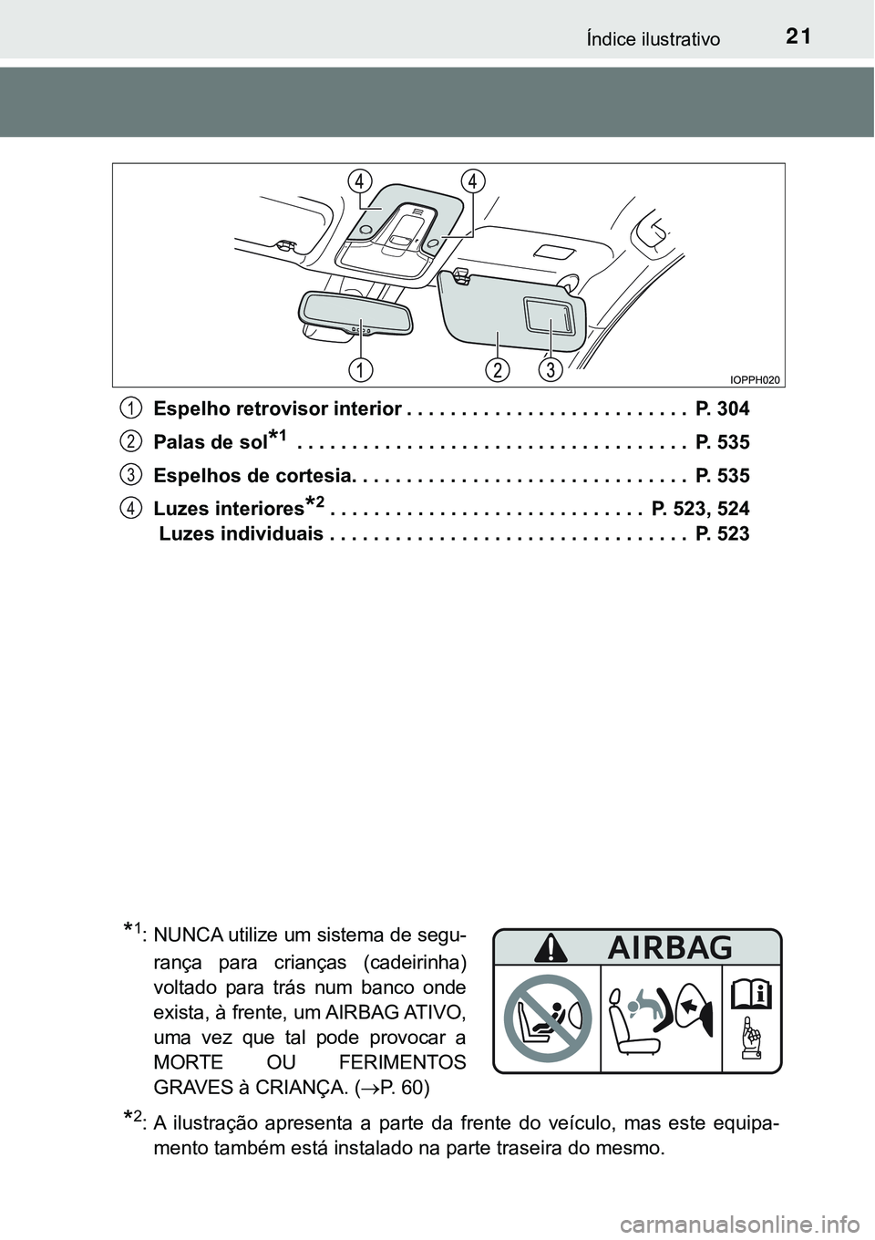 TOYOTA PRIUS PLUG-IN HYBRID 2017 Manual de utilização (in Portuguese) 21Índice ilustrativo
Espelho retrovisor interior . . . . . . . . . . . . . . . . . . . . . . . . . . P. 304
Palas de sol
*1 . . . . . . . . . . . . . . . . . . . . . . . . . . . . . . . . . . . . P TOYOTA PRIUS PLUG-IN HYBRID 2017 Manual de utilização (in Portuguese) 21Índice ilustrativo
Espelho retrovisor interior . . . . . . . . . . . . . . . . . . . . . . . . . . P. 304
Palas de sol
*1 . . . . . . . . . . . . . . . . . . . . . . . . . . . . . . . . . . . . P