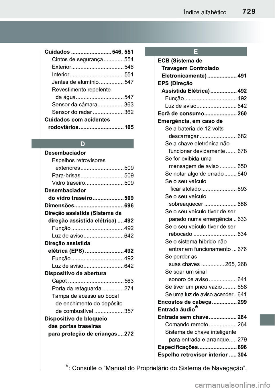 TOYOTA PRIUS PLUG-IN HYBRID 2017 Manual de utilização (in Portuguese) 729Índice alfabético
Cuidados .......................... 546, 551
Cintos de segurança ............. 554
Exterior.................................. 546
Interior ................................... 5 TOYOTA PRIUS PLUG-IN HYBRID 2017 Manual de utilização (in Portuguese) 729Índice alfabético
Cuidados .......................... 546, 551
Cintos de segurança ............. 554
Exterior.................................. 546
Interior ................................... 5