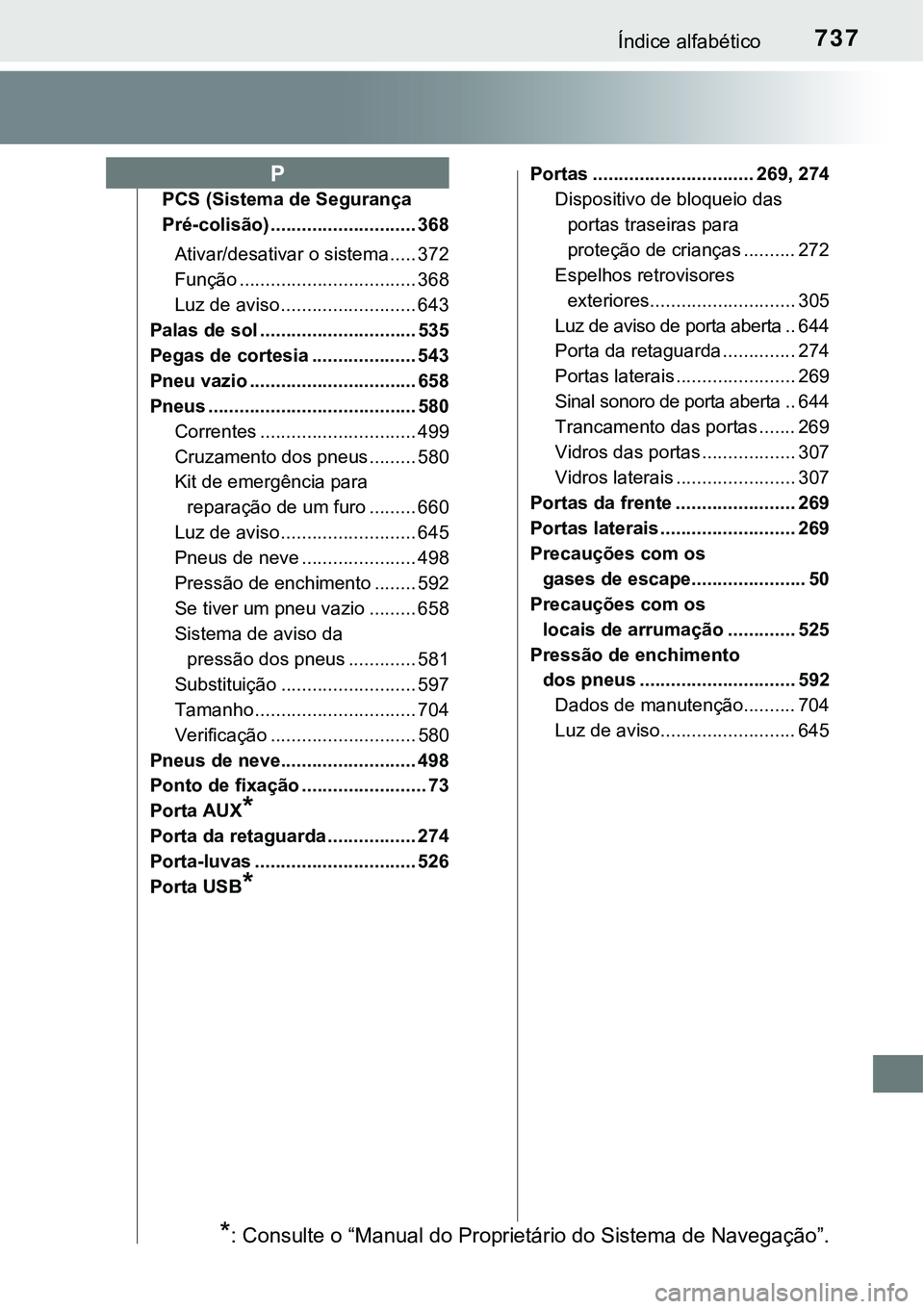 TOYOTA PRIUS PLUG-IN HYBRID 2017 Manual de utilização (in Portuguese) 737Índice alfabético
PCS (Sistema de Segurança
Pré-colisão) ............................ 368
Ativar/desativar o sistema ..... 372
Função .................................. 368
Luz de aviso ... TOYOTA PRIUS PLUG-IN HYBRID 2017 Manual de utilização (in Portuguese) 737Índice alfabético
PCS (Sistema de Segurança
Pré-colisão) ............................ 368
Ativar/desativar o sistema ..... 372
Função .................................. 368
Luz de aviso ...