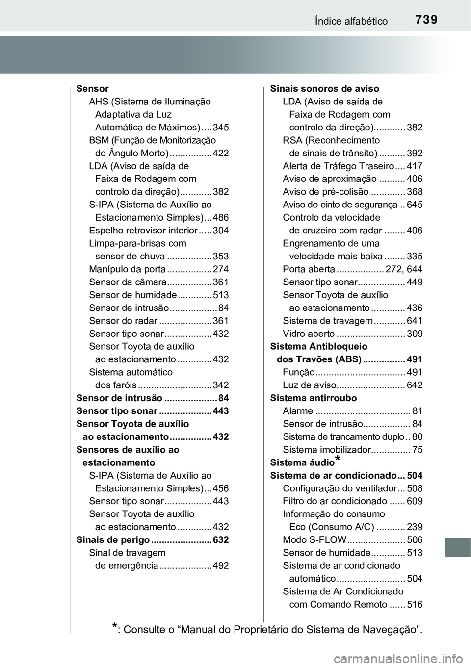 TOYOTA PRIUS PLUG-IN HYBRID 2017  Manual de utilização (in Portuguese) 739Índice alfabético
Sensor
AHS (Sistema de Iluminação 
Adaptativa da Luz 
Automática de Máximos) .... 345
BSM (Função de Monitorização 
do Ângulo Morto) ................ 422
LDA (Aviso de 
