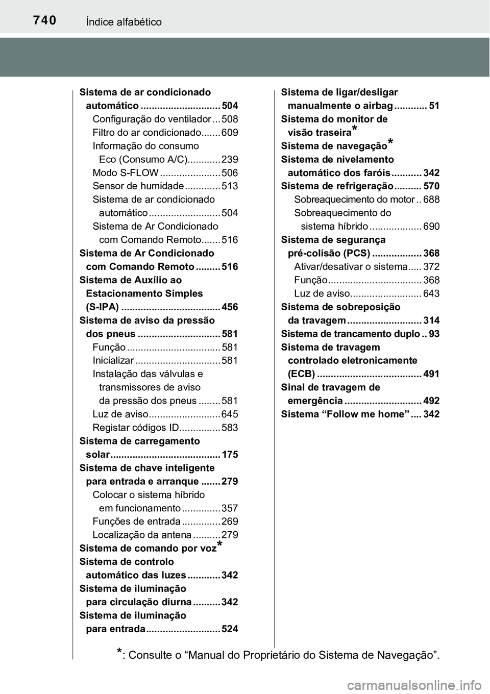 TOYOTA PRIUS PLUG-IN HYBRID 2017  Manual de utilização (in Portuguese) 740Índice alfabético
Sistema de ar condicionado 
automático ............................. 504
Configuração do ventilador ... 508
Filtro do ar condicionado....... 609
Informação do consumo 
Eco 