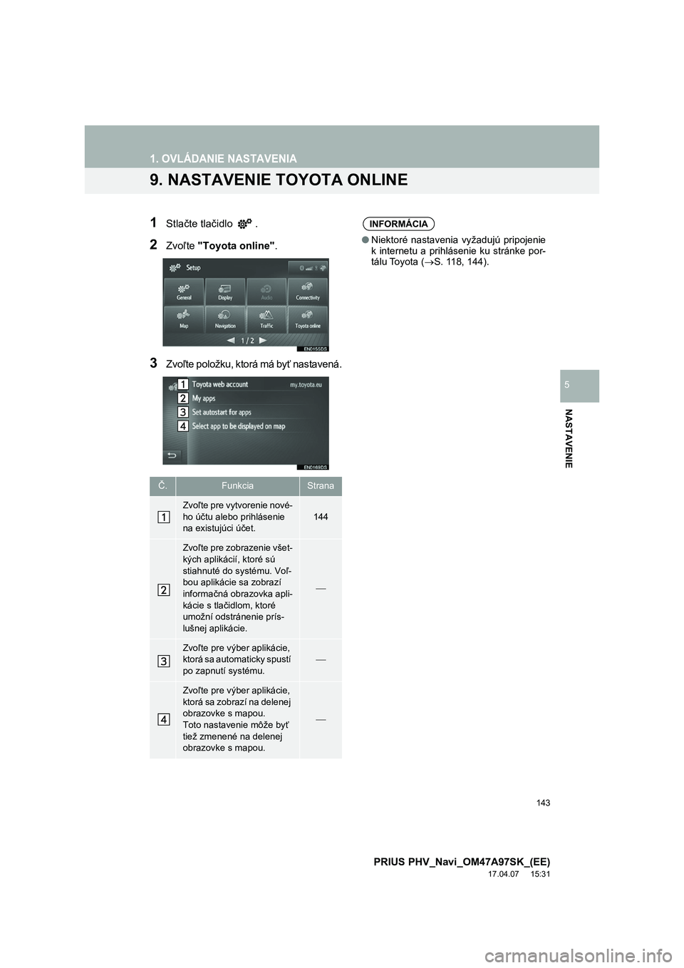 TOYOTA PRIUS PLUG-IN HYBRID 2017  Návod na použitie (in Slovakian) 143
1. OVLÁDANIE NASTAVENIA
PRIUS PHV_Navi_OM47A97SK_(EE)
17.04.07     15:31
NASTAVENIE
5
9. NASTAVENIE TOYOTA ONLINE
1Stlačte tlačidlo  .
2Zvoľte "Toyota online".
3Zvoľte položku, ktor