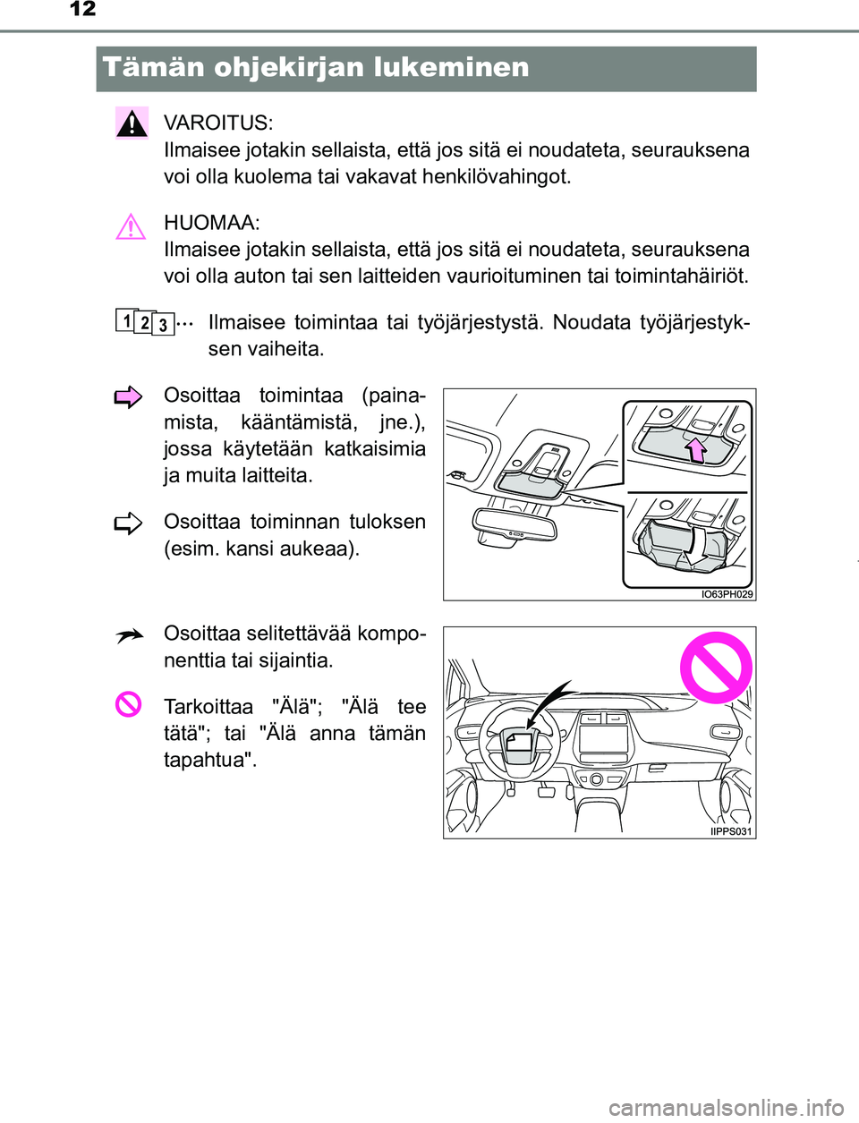 TOYOTA PRIUS PLUG-IN HYBRID 2017 Omistajan Käsikirja (in Finnish) 12
OM47A89FI
Tämän ohjekirjan lukeminen
VAROITUS:
Ilmaisee jotakin sellaista, että jos sitä ei noudateta, seurauksena
voi olla kuolema tai vakavat henkilövahingot.
HUOMAA:
Ilmaisee jotakin sell TOYOTA PRIUS PLUG-IN HYBRID 2017 Omistajan Käsikirja (in Finnish) 12
OM47A89FI
Tämän ohjekirjan lukeminen
VAROITUS:
Ilmaisee jotakin sellaista, että jos sitä ei noudateta, seurauksena
voi olla kuolema tai vakavat henkilövahingot.
HUOMAA:
Ilmaisee jotakin sell