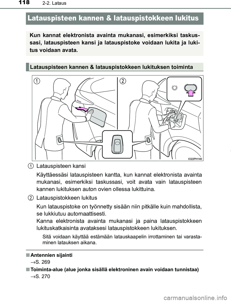 TOYOTA PRIUS PLUG-IN HYBRID 2017 Omistajan Käsikirja (in Finnish) 1182-2. Lataus
OM47A89FI
Latauspisteen kannen & latauspistokkeen lukitus
Latauspisteen kansi
Käyttäessäsi latauspisteen kantta, kun kannat elektronista avainta
mukanasi, esimerkiksi taskussasi, voi TOYOTA PRIUS PLUG-IN HYBRID 2017 Omistajan Käsikirja (in Finnish) 1182-2. Lataus
OM47A89FI
Latauspisteen kannen & latauspistokkeen lukitus
Latauspisteen kansi
Käyttäessäsi latauspisteen kantta, kun kannat elektronista avainta
mukanasi, esimerkiksi taskussasi, voi