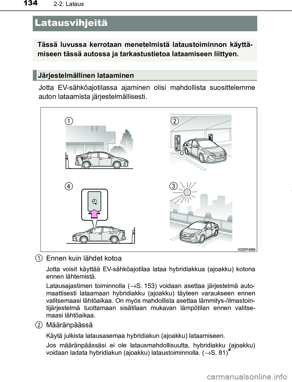 TOYOTA PRIUS PLUG-IN HYBRID 2017 Omistajan Käsikirja (in Finnish) 1342-2. Lataus
OM47A89FI
Latausvihjeitä
Jotta EV-sähköajotilassa ajaminen olisi mahdollista suosittelemme
auton lataamista jä rjestelmällisesti.
Ennen kuin lähdet kotoa
Jotta voisit käyttää E TOYOTA PRIUS PLUG-IN HYBRID 2017 Omistajan Käsikirja (in Finnish) 1342-2. Lataus
OM47A89FI
Latausvihjeitä
Jotta EV-sähköajotilassa ajaminen olisi mahdollista suosittelemme
auton lataamista jä rjestelmällisesti.
Ennen kuin lähdet kotoa
Jotta voisit käyttää E