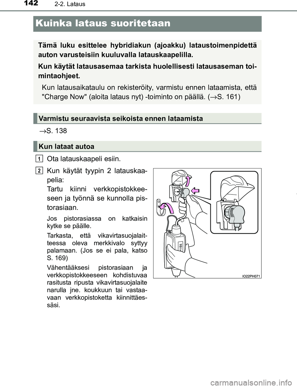 TOYOTA PRIUS PLUG-IN HYBRID 2017 Omistajan Käsikirja (in Finnish) 1422-2. Lataus
OM47A89FI
Kuinka lataus suoritetaan
→S. 138
Ota latauskaapeli esiin.
Kun käytät tyypin 2 latauskaa-
pelia:
Tartu kiinni verkkopistokkee-
seen ja työnnä se kunnolla pis-
torasiaan TOYOTA PRIUS PLUG-IN HYBRID 2017 Omistajan Käsikirja (in Finnish) 1422-2. Lataus
OM47A89FI
Kuinka lataus suoritetaan
→S. 138
Ota latauskaapeli esiin.
Kun käytät tyypin 2 latauskaa-
pelia:
Tartu kiinni verkkopistokkee-
seen ja työnnä se kunnolla pis-
torasiaan