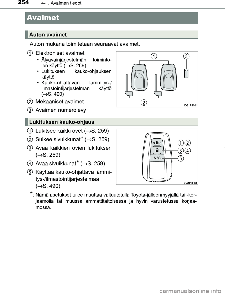 TOYOTA PRIUS PLUG-IN HYBRID 2017  Omistajan Käsikirja (in Finnish) 2544-1. Avaimen tiedot
OM47A89FI
Avaimet
Auton mukana toimitetaan seuraavat avaimet.Elektroniset avaimet
• Älyavainjärjestelmän toiminto-jen käyttö ( →S. 269)
• Lukituksen kauko-ohjauksen k