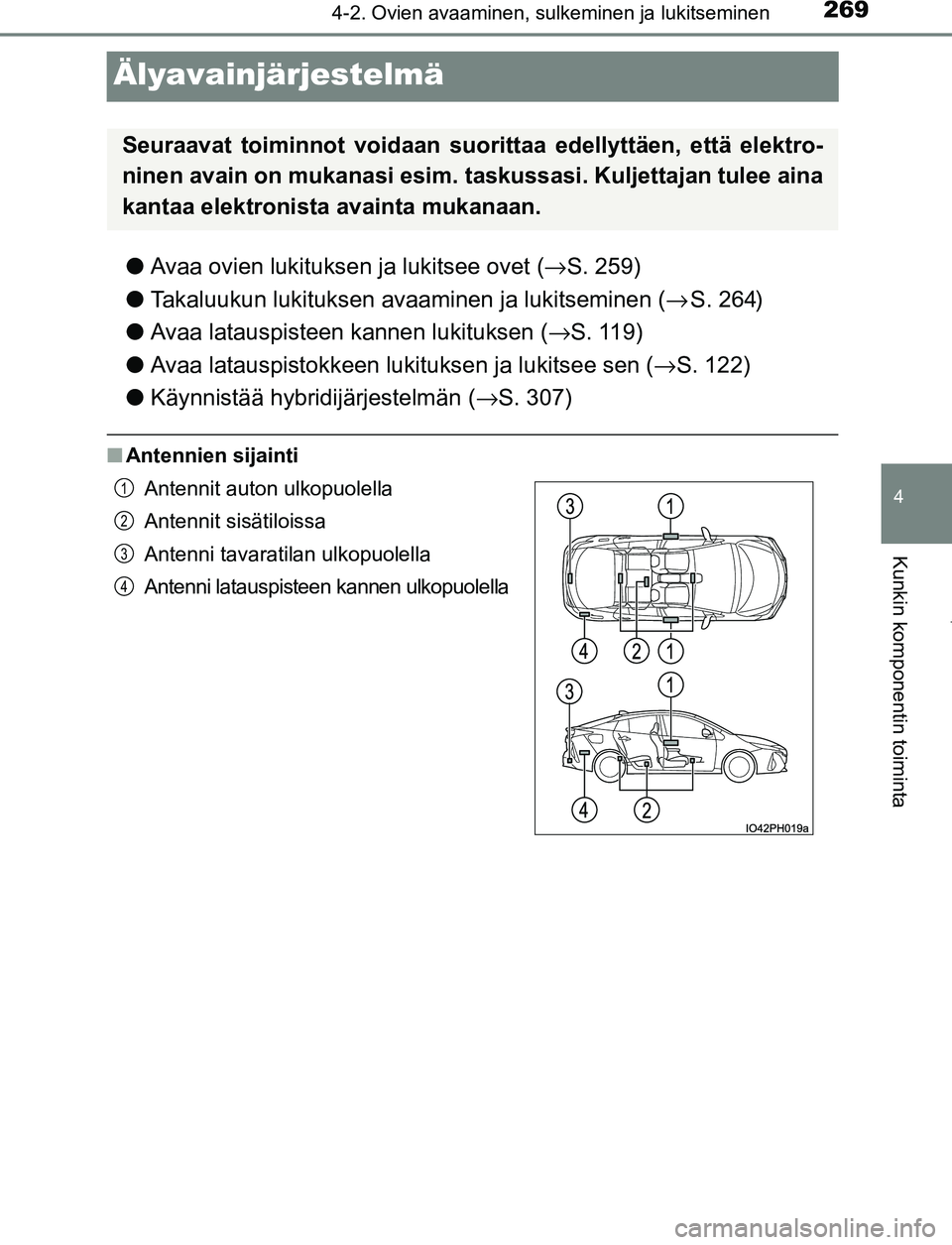 TOYOTA PRIUS PLUG-IN HYBRID 2017 Omistajan Käsikirja (in Finnish) 2694-2. Ovien avaaminen, sulkeminen ja lukitseminen
OM47A89FI
4
Kunkin komponentin toiminta
Älyavainjärjestelmä
●Avaa ovien lukituksen ja lukitsee ovet ( →S. 259)
● Takaluukun lukituksen avaa TOYOTA PRIUS PLUG-IN HYBRID 2017 Omistajan Käsikirja (in Finnish) 2694-2. Ovien avaaminen, sulkeminen ja lukitseminen
OM47A89FI
4
Kunkin komponentin toiminta
Älyavainjärjestelmä
●Avaa ovien lukituksen ja lukitsee ovet ( →S. 259)
● Takaluukun lukituksen avaa