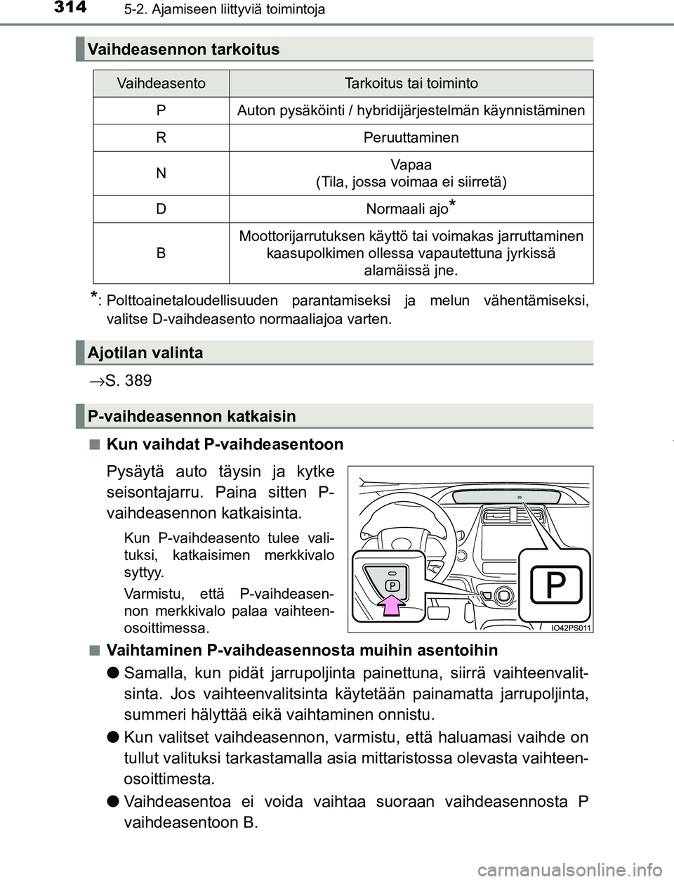 TOYOTA PRIUS PLUG-IN HYBRID 2017  Omistajan Käsikirja (in Finnish) 3145-2. Ajamiseen liittyviä toimintoja
OM47A89FI
*: Polttoainetaloudellisuuden parantamiseksi ja melun vähentämiseksi,valitse D-vaihdeasento normaaliajoa varten.
→ S. 389
■Kun vaihdat P-vaihdea