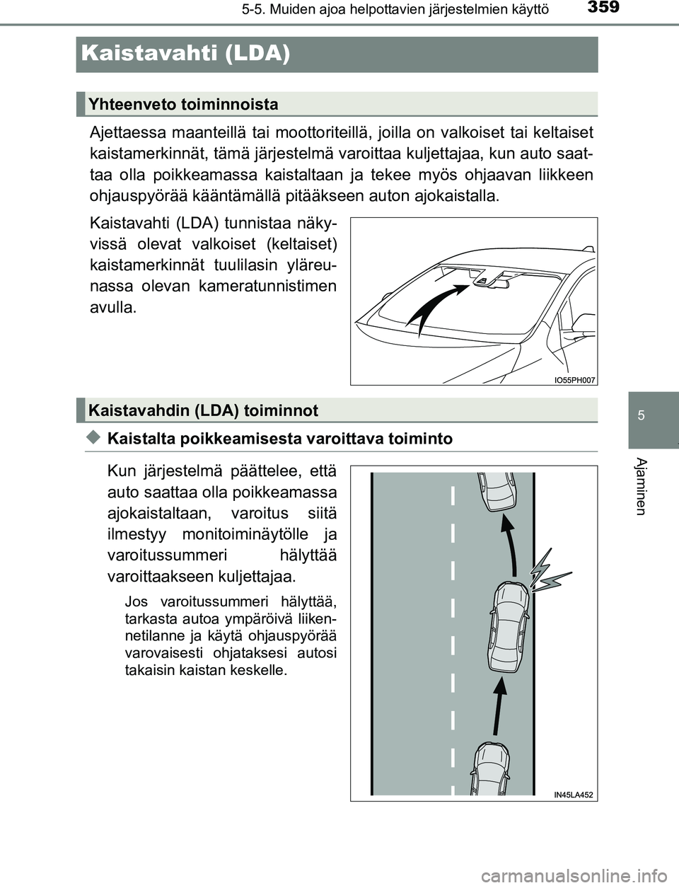 TOYOTA PRIUS PLUG-IN HYBRID 2017  Omistajan Käsikirja (in Finnish) 3595-5. Muiden ajoa helpottavien järjestelmien käyttö
OM47A89FI
5
Ajaminen
Kaistavahti (LDA)
Ajettaessa maanteillä tai moottoriteillä, joilla on valkoiset tai keltaiset
kaistamerkinnät, tämä j