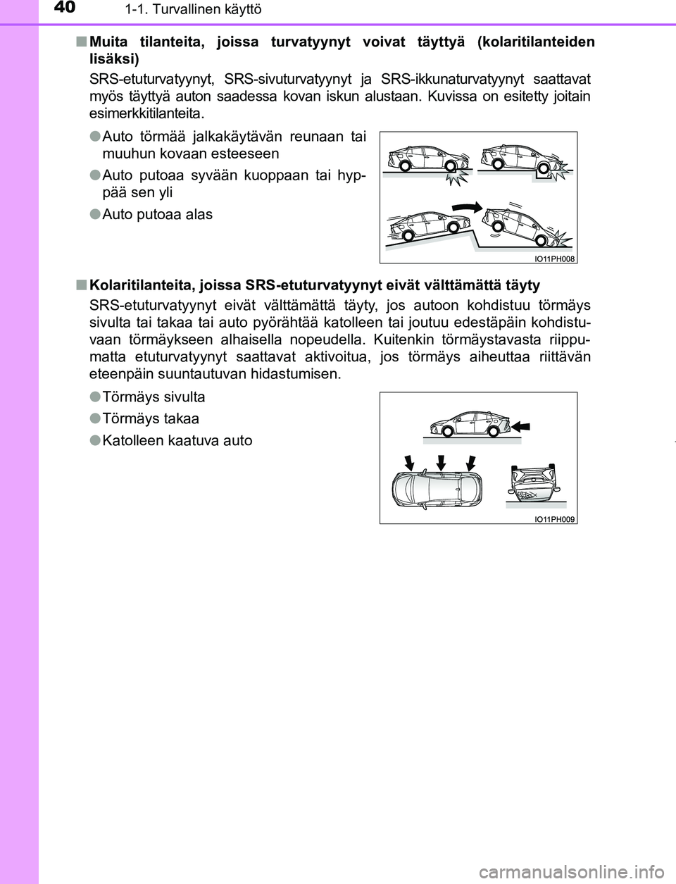 TOYOTA PRIUS PLUG-IN HYBRID 2017 Omistajan Käsikirja (in Finnish) 401-1. Turvallinen käyttö
OM47A89FI■
Muita tilanteita, joissa turvatyynyt voivat täyttyä (kolaritilanteiden
lisäksi)
SRS-etuturvatyynyt, SRS-sivuturvatyynyt ja SRS-ikkunaturvatyynyt saattavat
m TOYOTA PRIUS PLUG-IN HYBRID 2017 Omistajan Käsikirja (in Finnish) 401-1. Turvallinen käyttö
OM47A89FI■
Muita tilanteita, joissa turvatyynyt voivat täyttyä (kolaritilanteiden
lisäksi)
SRS-etuturvatyynyt, SRS-sivuturvatyynyt ja SRS-ikkunaturvatyynyt saattavat
m