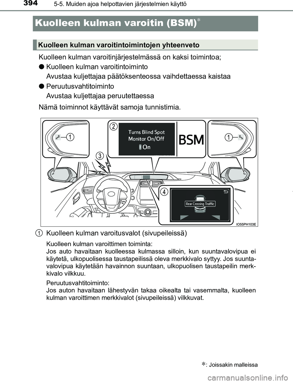 TOYOTA PRIUS PLUG-IN HYBRID 2017  Omistajan Käsikirja (in Finnish) 3945-5. Muiden ajoa helpottavien järjestelmien käyttö
OM47A89FI
Kuolleen kulman varoitin (BSM)∗
Kuolleen kulman varoitinjärjestelmässä on kaksi toimintoa;
● Kuolleen kulman varoitintoiminto 