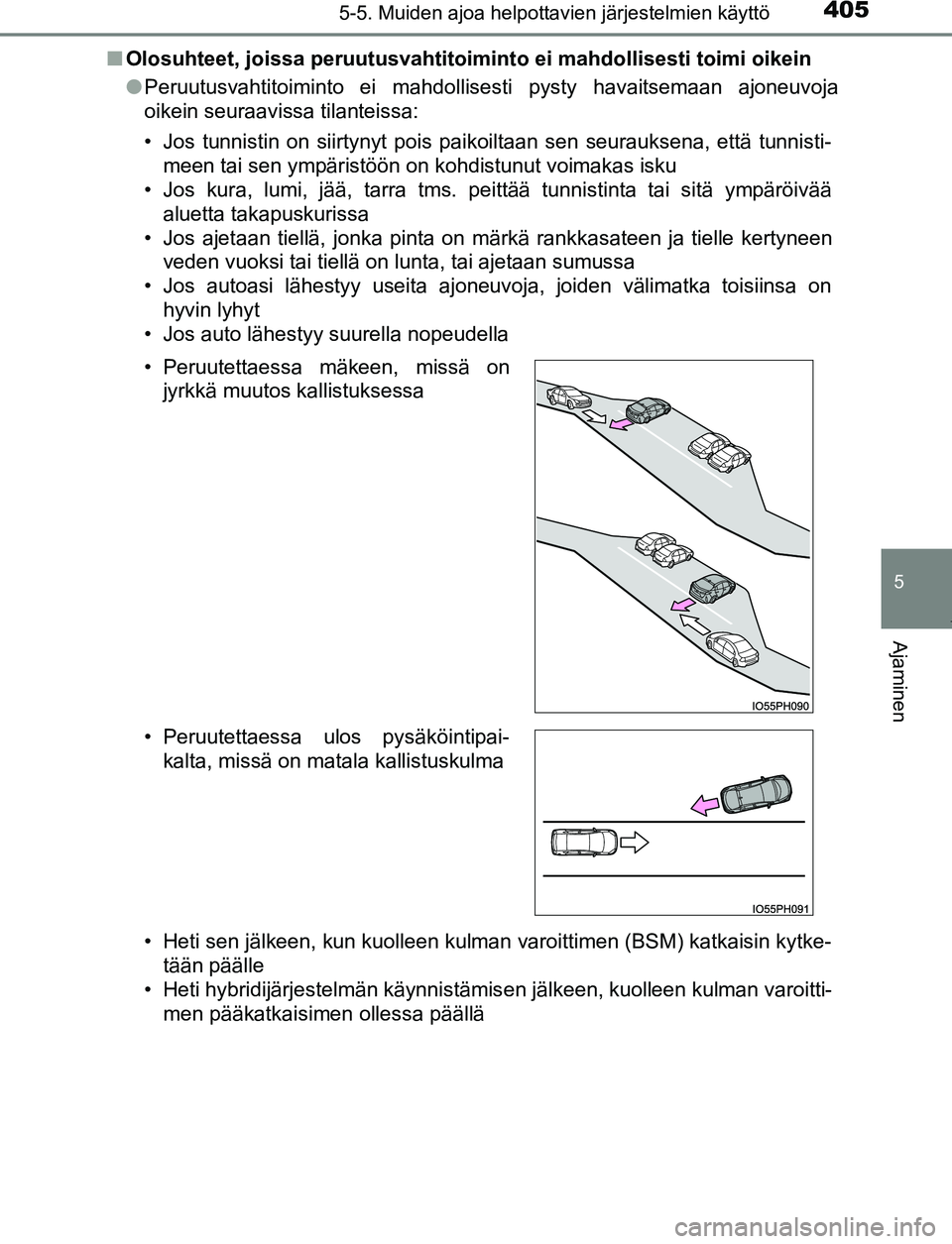 TOYOTA PRIUS PLUG-IN HYBRID 2017  Omistajan Käsikirja (in Finnish) 4055-5. Muiden ajoa helpottavien järjestelmien käyttö
OM47A89FI
5
Ajaminen
■Olosuhteet, joissa peruutusvahtitoiminto ei mahdollisesti toimi oikein
●Peruutusvahtitoiminto ei mahdollisesti pysty 