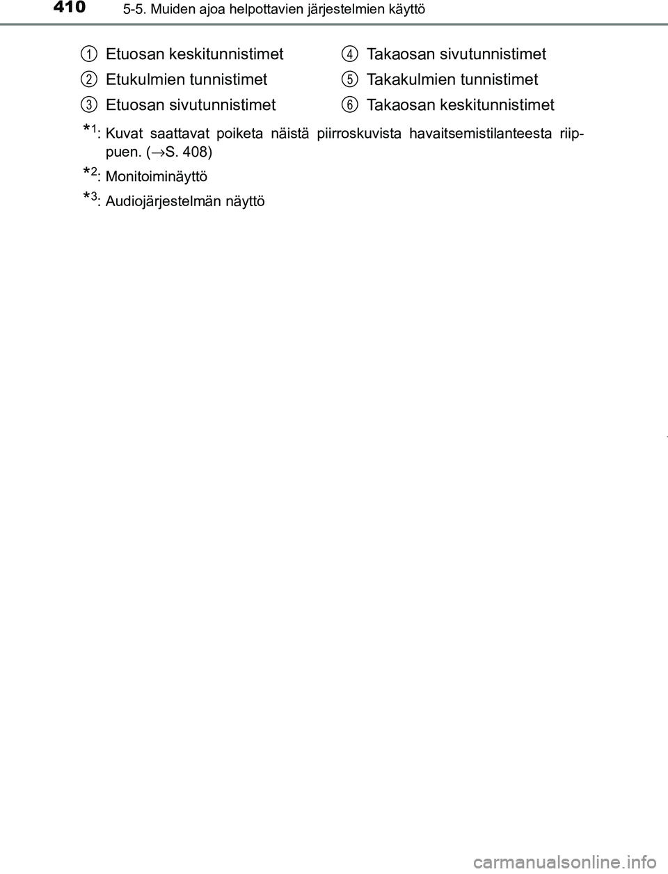 TOYOTA PRIUS PLUG-IN HYBRID 2017  Omistajan Käsikirja (in Finnish) 4105-5. Muiden ajoa helpottavien järjestelmien käyttö
OM47A89FI
*1: Kuvat saattavat poiketa näistä piirroskuvista havaitsemistilanteesta riip-puen. (→S. 408)
*2: Monitoiminäyttö
*3: Audiojär
