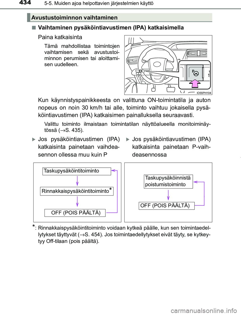 TOYOTA PRIUS PLUG-IN HYBRID 2017  Omistajan Käsikirja (in Finnish) 4345-5. Muiden ajoa helpottavien järjestelmien käyttö
OM47A89FI■
Vaihtaminen pysäköintiavustimen (IPA) katkaisimella
Paina katkaisinta
Tämä mahdollistaa toimintojen
vaihtamisen sekä avustust