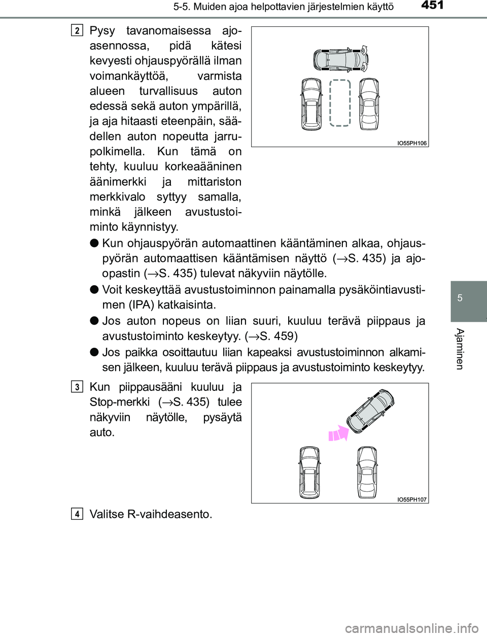 TOYOTA PRIUS PLUG-IN HYBRID 2017 Omistajan Käsikirja (in Finnish) 4515-5. Muiden ajoa helpottavien järjestelmien käyttö
OM47A89FI
5
Ajaminen
Pysy tavanomaisessa ajo-
asennossa, pidä kätesi
kevyesti ohjauspyörällä ilman
voimankäyttöä, varmista
alueen turva TOYOTA PRIUS PLUG-IN HYBRID 2017 Omistajan Käsikirja (in Finnish) 4515-5. Muiden ajoa helpottavien järjestelmien käyttö
OM47A89FI
5
Ajaminen
Pysy tavanomaisessa ajo-
asennossa, pidä kätesi
kevyesti ohjauspyörällä ilman
voimankäyttöä, varmista
alueen turva
