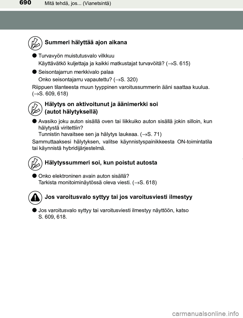 TOYOTA PRIUS PLUG-IN HYBRID 2017 Omistajan Käsikirja (in Finnish) 690Mitä tehdä, jos... (Vianetsintä)
OM47A89FI
●Turvavyön muistutusvalo vilkkuu
Käyttävätkö kuljettaja ja kaikki matkustajat turvavöitä? (→S. 615)
●Seisontajarrun merkkivalo palaa
Onko TOYOTA PRIUS PLUG-IN HYBRID 2017 Omistajan Käsikirja (in Finnish) 690Mitä tehdä, jos... (Vianetsintä)
OM47A89FI
●Turvavyön muistutusvalo vilkkuu
Käyttävätkö kuljettaja ja kaikki matkustajat turvavöitä? (→S. 615)
●Seisontajarrun merkkivalo palaa
Onko