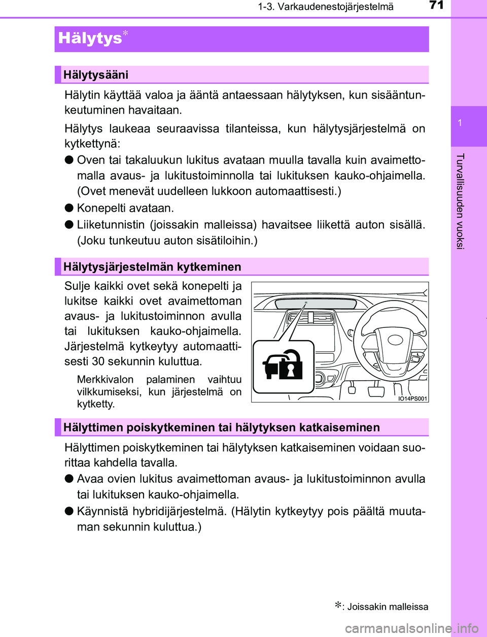 TOYOTA PRIUS PLUG-IN HYBRID 2017 Omistajan Käsikirja (in Finnish) 71
1
1-3. Varkaudenestojärjestelmä
OM47A89FI
Turvallisuuden vuoksi
Hälytys∗
Hälytin käyttää valoa ja ääntä antaessaan hälytyksen, kun sisääntun-
keutuminen havaitaan.
Hälytys laukeaa s TOYOTA PRIUS PLUG-IN HYBRID 2017 Omistajan Käsikirja (in Finnish) 71
1
1-3. Varkaudenestojärjestelmä
OM47A89FI
Turvallisuuden vuoksi
Hälytys∗
Hälytin käyttää valoa ja ääntä antaessaan hälytyksen, kun sisääntun-
keutuminen havaitaan.
Hälytys laukeaa s