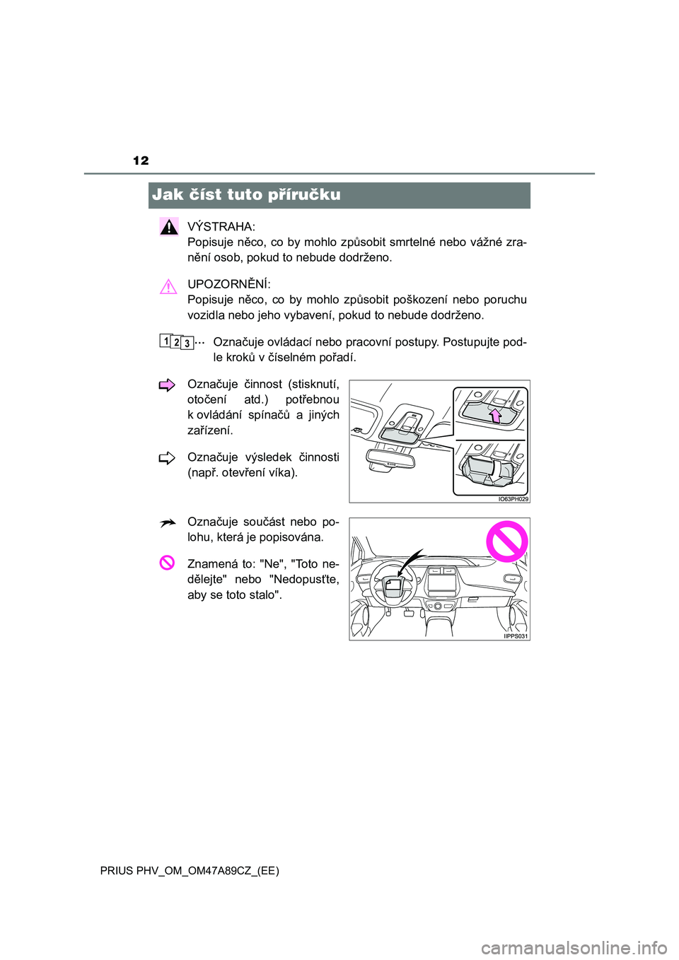 TOYOTA PRIUS PLUG-IN HYBRID 2017  Návod na použití (in Czech) 12
PRIUS PHV_OM_OM47A89CZ_(EE)
Jak číst tuto příručku
VÝSTRAHA: 
Popisuje  něco,  co  by  mohlo  způsobit  smrtelné  nebo  vážné  zra-
nění osob, pokud to nebude dodrženo.
UPOZORNĚNÍ:
