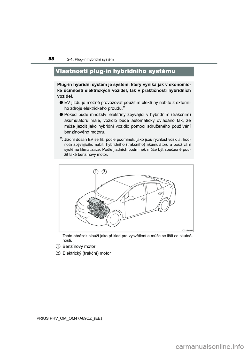 TOYOTA PRIUS PLUG-IN HYBRID 2017 Návod na použití (in Czech) 882-1. Plug-in hybridní systém
PRIUS PHV_OM_OM47A89CZ_(EE)
Vlastnosti plug-in hybridního systému
Tento obrázek slouží jako příklad pro vysvětlení a může se lišit od skuteč-
nosti.
Benz TOYOTA PRIUS PLUG-IN HYBRID 2017 Návod na použití (in Czech) 882-1. Plug-in hybridní systém
PRIUS PHV_OM_OM47A89CZ_(EE)
Vlastnosti plug-in hybridního systému
Tento obrázek slouží jako příklad pro vysvětlení a může se lišit od skuteč-
nosti.
Benz