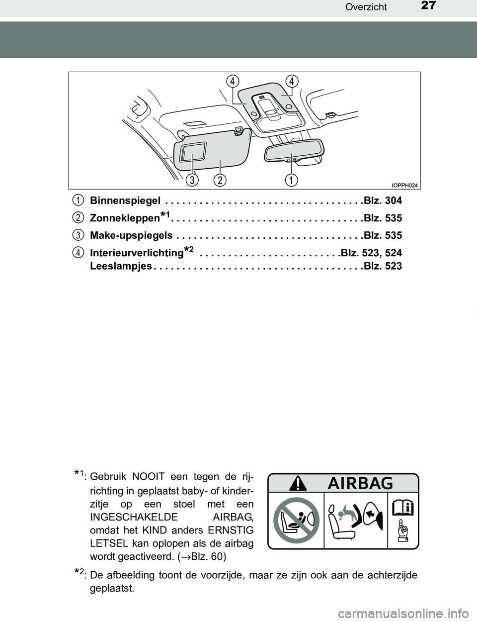 TOYOTA PRIUS PLUG-IN HYBRID 2016 Instructieboekje (in Dutch) 27Overzicht
PRIUS PHV_OM_OM47A89E_(EE)Binnenspiegel . . . . . . . . . . . . . . . . . . . . . . . . . . . . . . . . . . .Blz. 304
Zonnekleppen
*1. . . . . . . . . . . . . . . . . . . . . . . . . . . TOYOTA PRIUS PLUG-IN HYBRID 2016 Instructieboekje (in Dutch) 27Overzicht
PRIUS PHV_OM_OM47A89E_(EE)Binnenspiegel . . . . . . . . . . . . . . . . . . . . . . . . . . . . . . . . . . .Blz. 304
Zonnekleppen
*1. . . . . . . . . . . . . . . . . . . . . . . . . . .