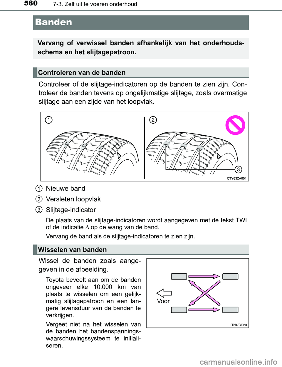 TOYOTA PRIUS PLUG-IN HYBRID 2016  Instructieboekje (in Dutch) 5807-3. Zelf uit te voeren onderhoud
PRIUS PHV_OM_OM47A89E_(EE)
Banden
Controleer  of  de  slijtage-indicatoren  op  de  banden  te  zien  zijn.  Con-
troleer de banden tevens op ongelijkmatige slijta