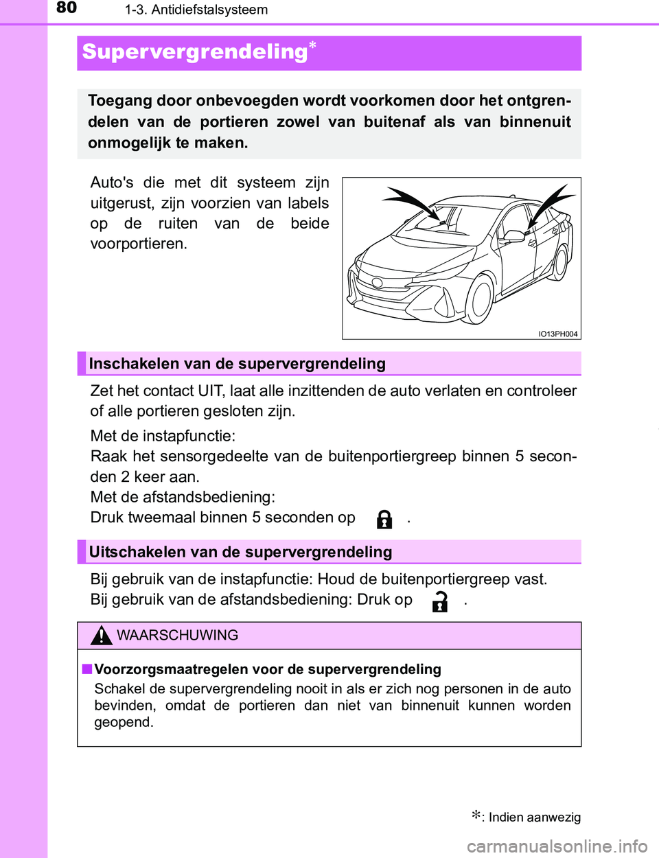 TOYOTA PRIUS PLUG-IN HYBRID 2016 Instructieboekje (in Dutch) 801-3. Antidiefstalsysteem
PRIUS PHV_OM_OM47A89E_(EE)
Super vergrendeling∗
Auto's die met dit systeem zijn
uitgerust, zijn voorzien van labels
op de ruiten van de beide
voorportieren.
Z TOYOTA PRIUS PLUG-IN HYBRID 2016 Instructieboekje (in Dutch) 801-3. Antidiefstalsysteem
PRIUS PHV_OM_OM47A89E_(EE)
Super vergrendeling∗
Auto's die met dit systeem zijn
uitgerust, zijn voorzien van labels
op de ruiten van de beide
voorportieren.
Z