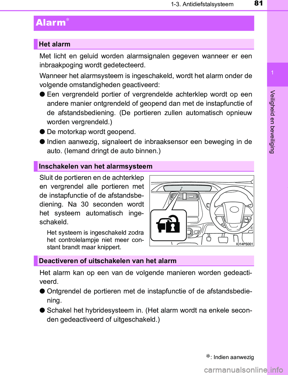 TOYOTA PRIUS PLUG-IN HYBRID 2016 Instructieboekje (in Dutch) 81
1
1-3. Antidiefstalsysteem
PRIUS PHV_OM_OM47A89E_(EE)
Veiligheid en beveiliging
Alar m∗
Met licht en geluid worden alarmsignalen gegeven wanneer er een
inbraakpoging wordt gedetecteerd.
TOYOTA PRIUS PLUG-IN HYBRID 2016 Instructieboekje (in Dutch) 81
1
1-3. Antidiefstalsysteem
PRIUS PHV_OM_OM47A89E_(EE)
Veiligheid en beveiliging
Alar m∗
Met licht en geluid worden alarmsignalen gegeven wanneer er een
inbraakpoging wordt gedetecteerd.
