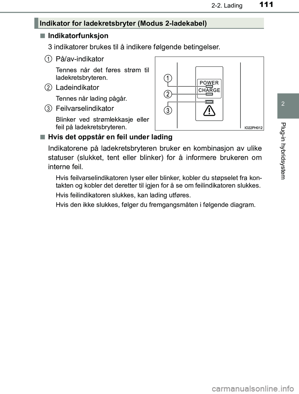 TOYOTA PRIUS PLUG-IN HYBRID 2016 Instruksjoner for bruk (in Norwegian) 1112-2. Lading
2
Plug-in hybridsystem
OM47A89NOn
Indikatorfunksjon
3 indikatorer brukes til å indikere følgende betingelser.
På/av-indikator
Tennes når det føres strøm til
ladekretsbryteren.
Lad TOYOTA PRIUS PLUG-IN HYBRID 2016 Instruksjoner for bruk (in Norwegian) 1112-2. Lading
2
Plug-in hybridsystem
OM47A89NOn
Indikatorfunksjon
3 indikatorer brukes til å indikere følgende betingelser.
På/av-indikator
Tennes når det føres strøm til
ladekretsbryteren.
Lad
