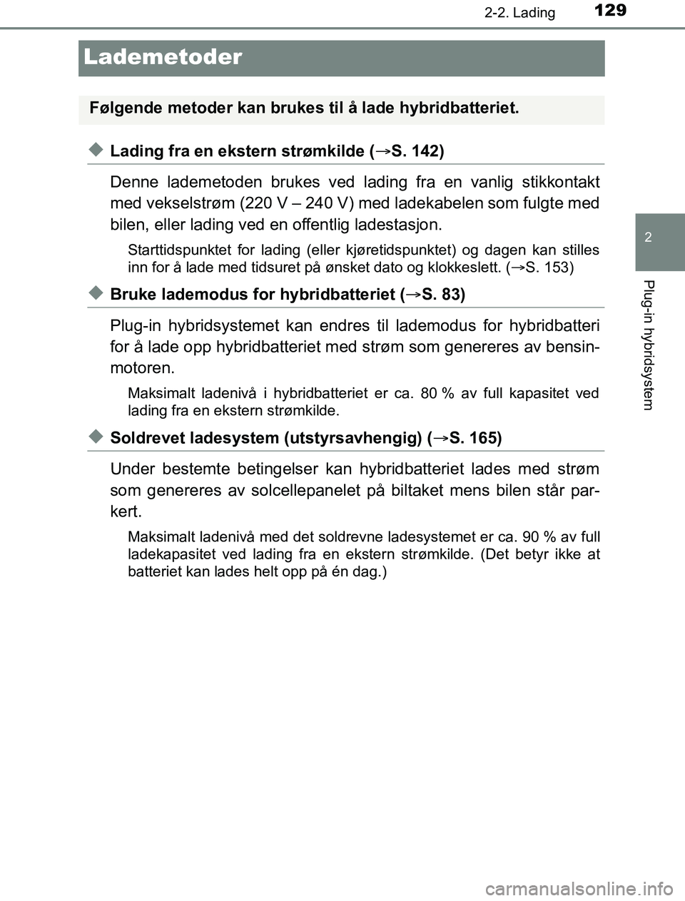 TOYOTA PRIUS PLUG-IN HYBRID 2016 Instruksjoner for bruk (in Norwegian) 129
2
2-2. Lading
Plug-in hybridsystem
OM47A89NO
Lademetoder
uLading fra en ekstern strømkilde (S. 142)
Denne lademetoden brukes ved ladi ng fra en vanlig stikkontakt
med vekselstrøm (220 V – 2 TOYOTA PRIUS PLUG-IN HYBRID 2016 Instruksjoner for bruk (in Norwegian) 129
2
2-2. Lading
Plug-in hybridsystem
OM47A89NO
Lademetoder
uLading fra en ekstern strømkilde (S. 142)
Denne lademetoden brukes ved ladi ng fra en vanlig stikkontakt
med vekselstrøm (220 V – 2