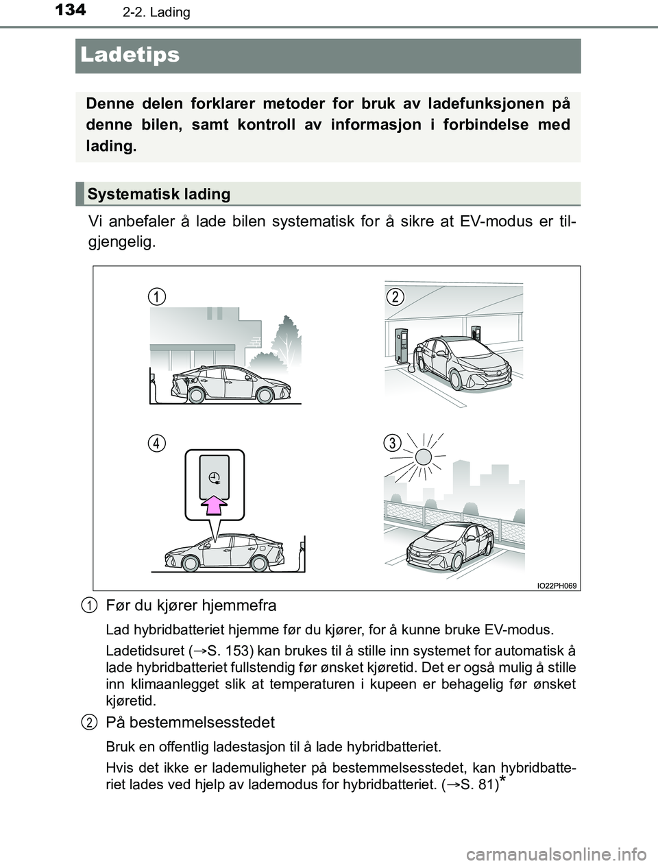 TOYOTA PRIUS PLUG-IN HYBRID 2016 Instruksjoner for bruk (in Norwegian) 1342-2. Lading
OM47A89NO
Ladetips
Vi anbefaler å lade bilen systematisk for å sikre at EV-modus er til-
gjengelig.Før du kjører hjemmefra
Lad hybridbatteriet hjemme før du kjører, for å kunne b TOYOTA PRIUS PLUG-IN HYBRID 2016 Instruksjoner for bruk (in Norwegian) 1342-2. Lading
OM47A89NO
Ladetips
Vi anbefaler å lade bilen systematisk for å sikre at EV-modus er til-
gjengelig.Før du kjører hjemmefra
Lad hybridbatteriet hjemme før du kjører, for å kunne b
