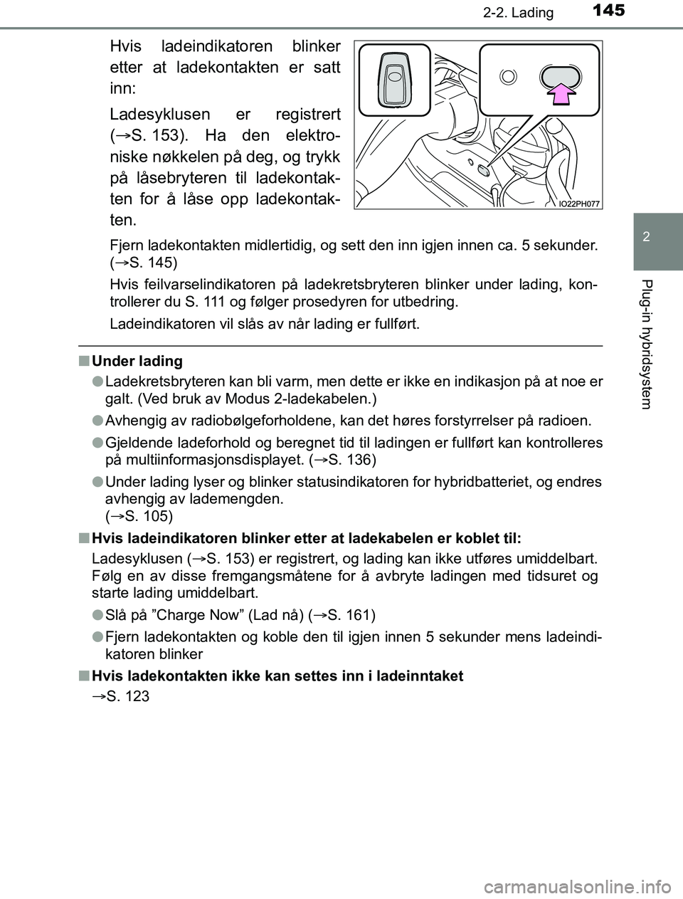 TOYOTA PRIUS PLUG-IN HYBRID 2016 Instruksjoner for bruk (in Norwegian) 1452-2. Lading
2
Plug-in hybridsystem
OM47A89NO
Hvis ladeindikatoren blinker
etter at ladekontakten er satt
inn:
Ladesyklusen er registrert
( S. 153). Ha den elektro-
niske nøkkelen på deg, og tr TOYOTA PRIUS PLUG-IN HYBRID 2016 Instruksjoner for bruk (in Norwegian) 1452-2. Lading
2
Plug-in hybridsystem
OM47A89NO
Hvis ladeindikatoren blinker
etter at ladekontakten er satt
inn:
Ladesyklusen er registrert
( S. 153). Ha den elektro-
niske nøkkelen på deg, og tr