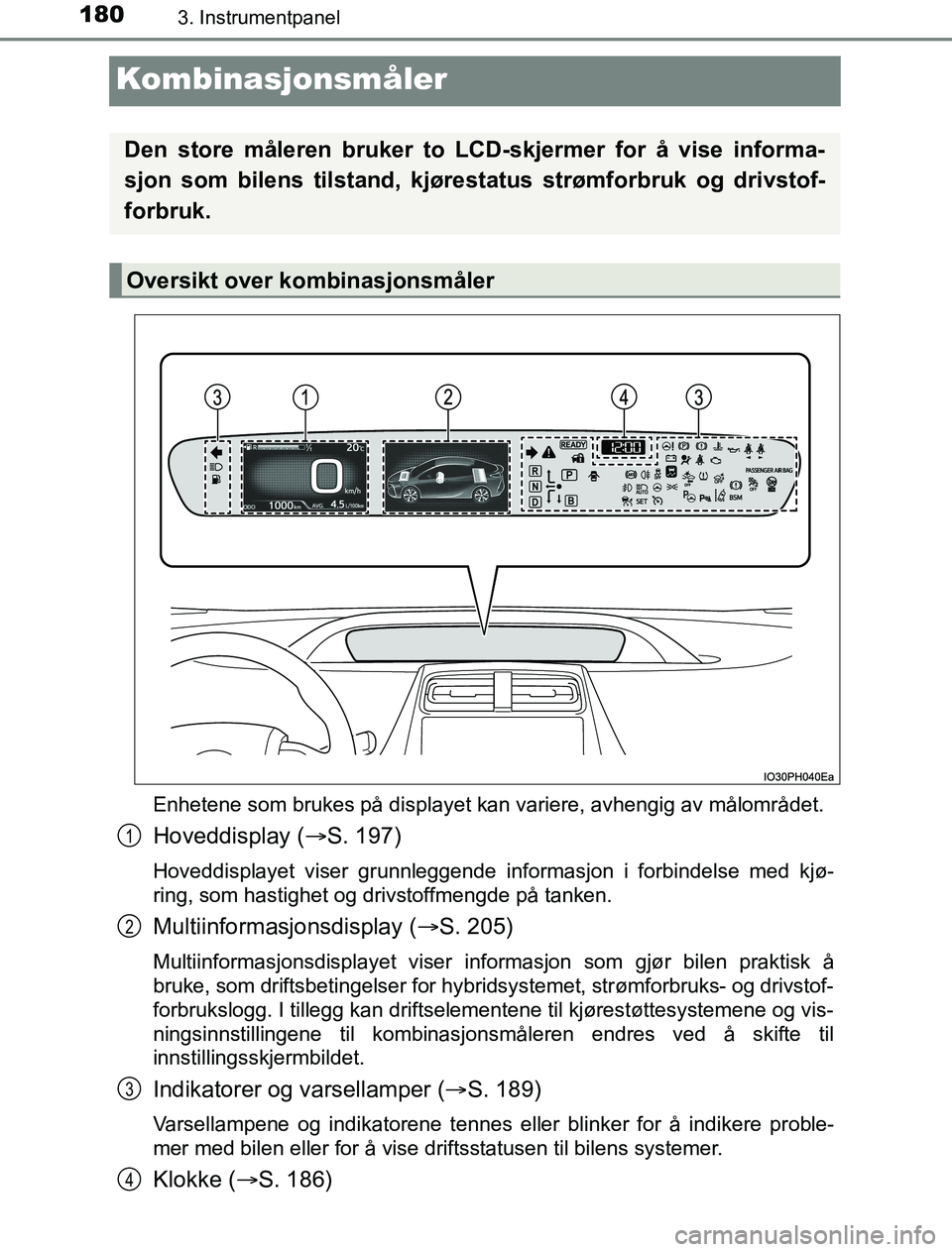 TOYOTA PRIUS PLUG-IN HYBRID 2016 Instruksjoner for bruk (in Norwegian) 1803. Instrumentpanel
OM47A89NO
Kombinasjonsmåler
Enhetene som brukes på displayet kan variere, avhengig av målområdet.
Hoveddisplay (S. 197)
Hoveddisplayet viser grunnleggende informasjon i fo TOYOTA PRIUS PLUG-IN HYBRID 2016 Instruksjoner for bruk (in Norwegian) 1803. Instrumentpanel
OM47A89NO
Kombinasjonsmåler
Enhetene som brukes på displayet kan variere, avhengig av målområdet.
Hoveddisplay (S. 197)
Hoveddisplayet viser grunnleggende informasjon i fo
