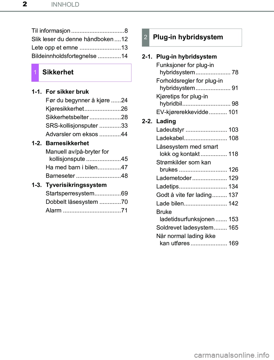 TOYOTA PRIUS PLUG-IN HYBRID 2016 Instruksjoner for bruk (in Norwegian) INNHOLD2
OM47A89NOTil informasjon ................................8
Slik leser du denne håndboken ....12
Lete opp et emne .........................13
Bildeinnholdsfortegnelse ..............14
1-1. Fo TOYOTA PRIUS PLUG-IN HYBRID 2016 Instruksjoner for bruk (in Norwegian) INNHOLD2
OM47A89NOTil informasjon ................................8
Slik leser du denne håndboken ....12
Lete opp et emne .........................13
Bildeinnholdsfortegnelse ..............14
1-1. Fo