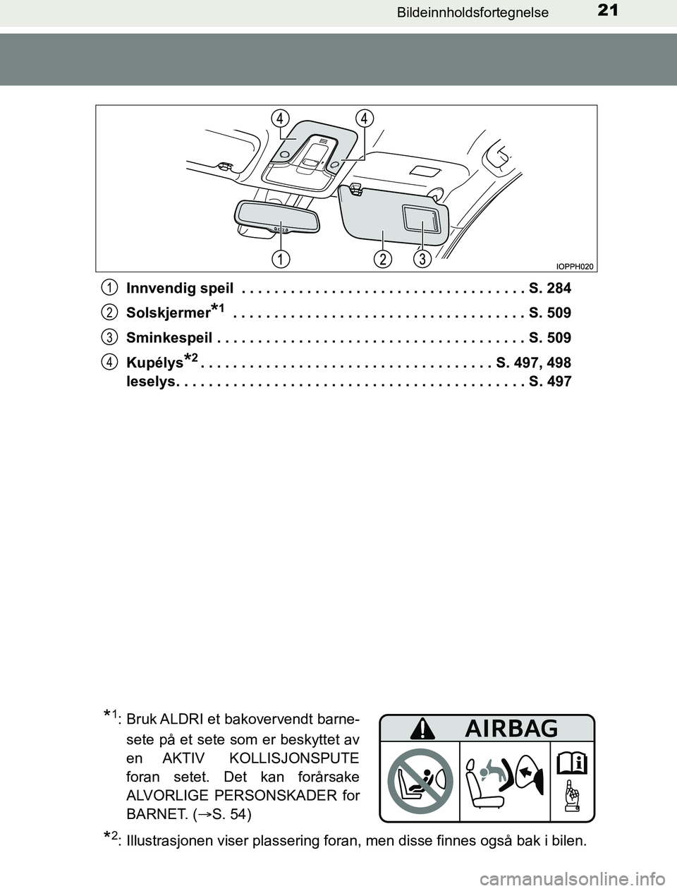TOYOTA PRIUS PLUG-IN HYBRID 2016 Instruksjoner for bruk (in Norwegian) 21Bildeinnholdsfortegnelse
OM47A89NOInnvendig speil . . . . . . . . . . . . . . . . . . . . . . . . . . . . . . . . . . . S. 284
Solskjermer
*1 . . . . . . . . . . . . . . . . . . . . . . . . . . . . TOYOTA PRIUS PLUG-IN HYBRID 2016 Instruksjoner for bruk (in Norwegian) 21Bildeinnholdsfortegnelse
OM47A89NOInnvendig speil . . . . . . . . . . . . . . . . . . . . . . . . . . . . . . . . . . . S. 284
Solskjermer
*1 . . . . . . . . . . . . . . . . . . . . . . . . . . . .